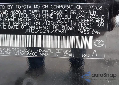 2008 Lexus Es 350 from USA, damaged, VIN JTHBJ46G282228811
